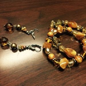 Golden Brown Stone and Crystal Bracelet & Earrings
